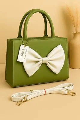 Women's Black Bow Shoulder Bag with White Strap