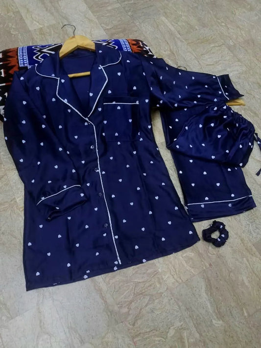 3 Pcs Women's Stitched Silk Printed Night Suit