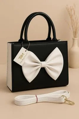 Women's Black Bow Shoulder Bag with White Strap