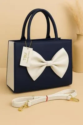 Women's Black Bow Shoulder Bag with White Strap