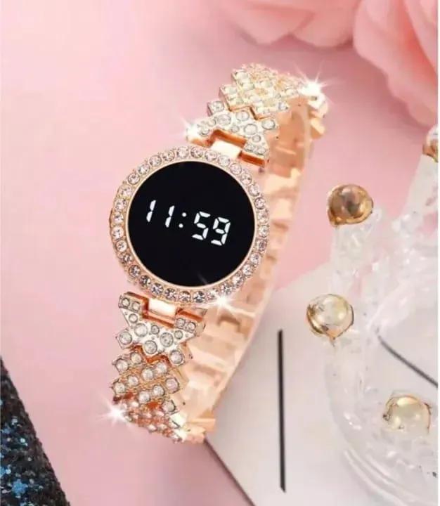 Stainless Steel Digital Watch for Women Peach Golden Textured Strap