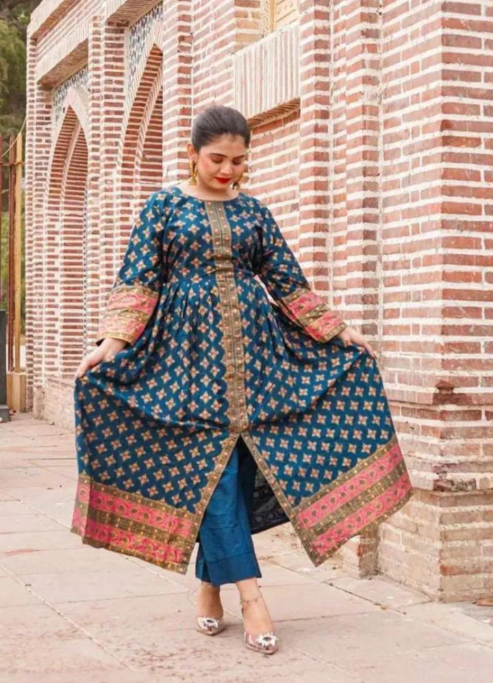 Stylish Women Silk Printed Frock & Trouser Set Blue