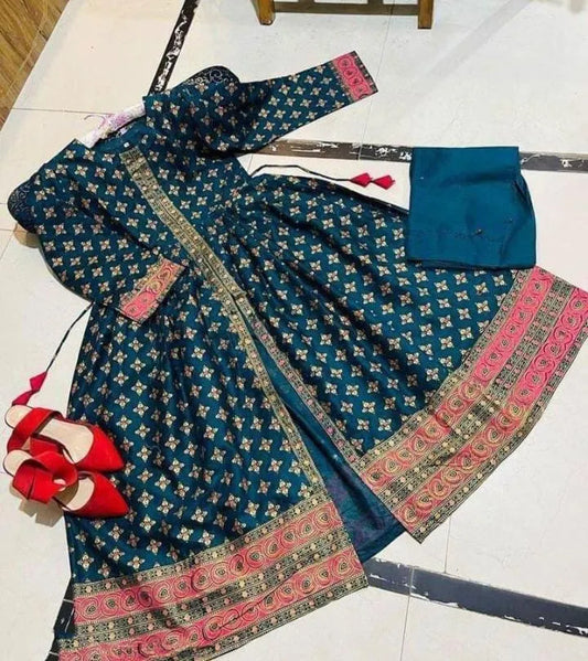 Stylish Women Silk Printed Frock & Trouser Set Blue